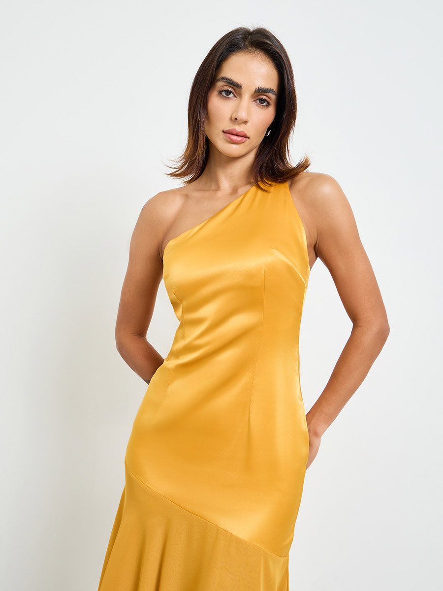 Orange Solid Bodycon Midi Dress with One Shoulder Strap