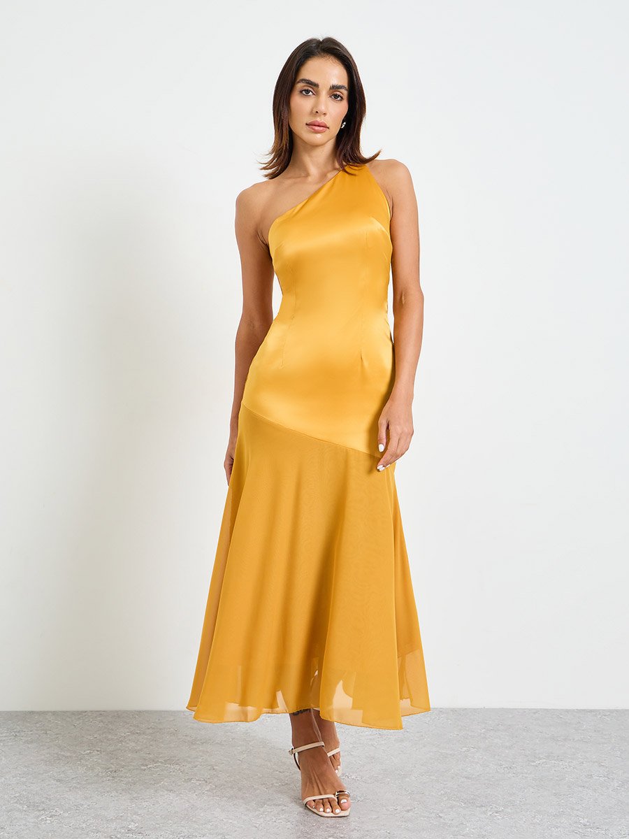 Orange Solid Bodycon Midi Dress with One Shoulder Strap