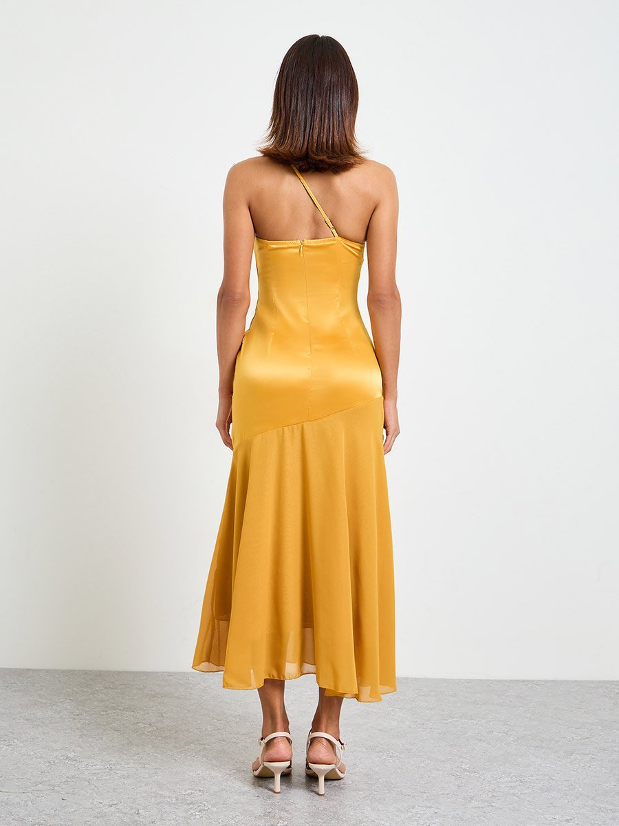 Orange Solid Bodycon Midi Dress with One Shoulder Strap