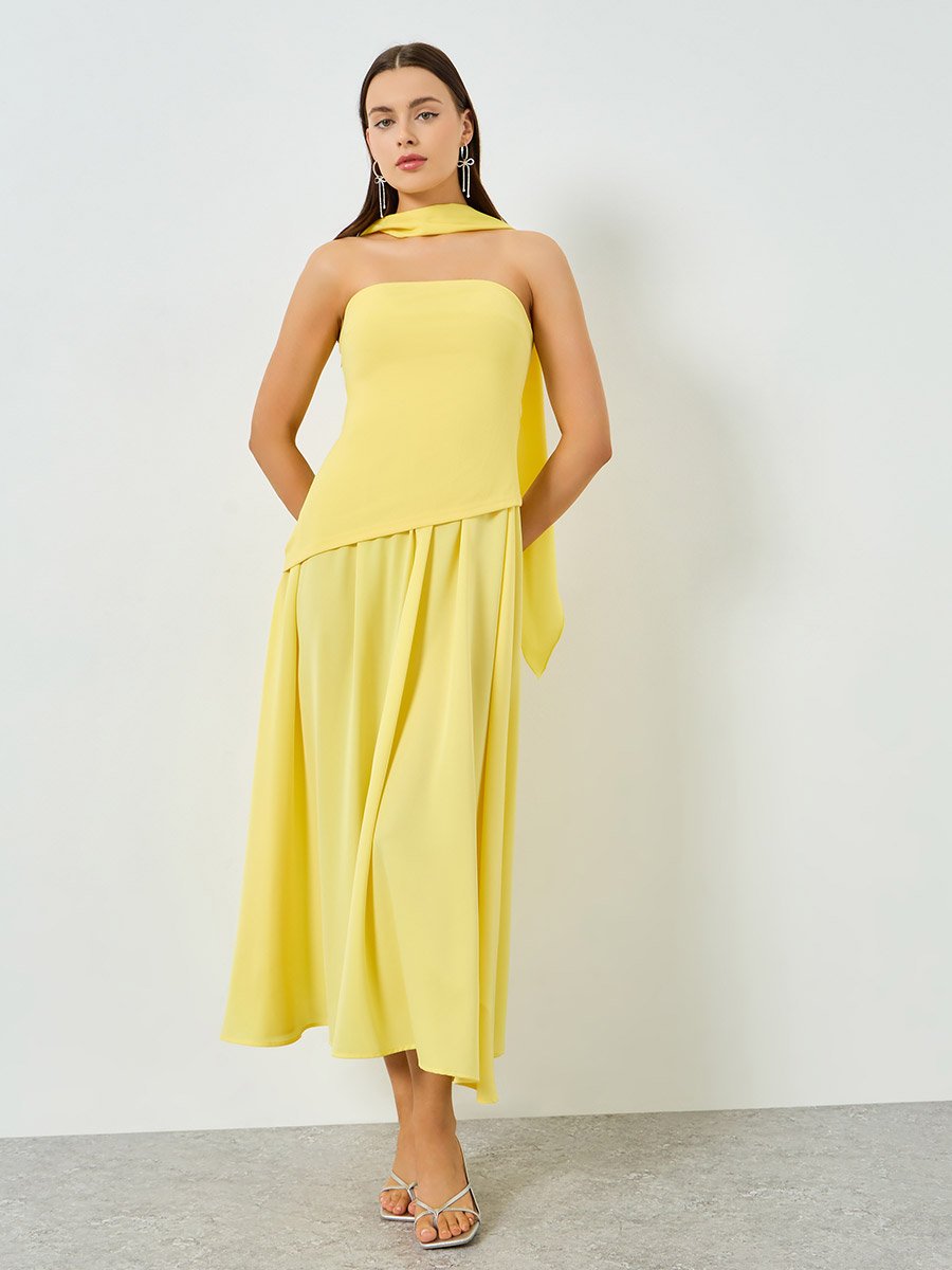Yellow Bandeau Neck Sleeveless Maxi Dress For Women at Kuwait | Styli Yellow Bandeau Neck Sleeveless Maxi Dress For Women at Kuwait | Styli