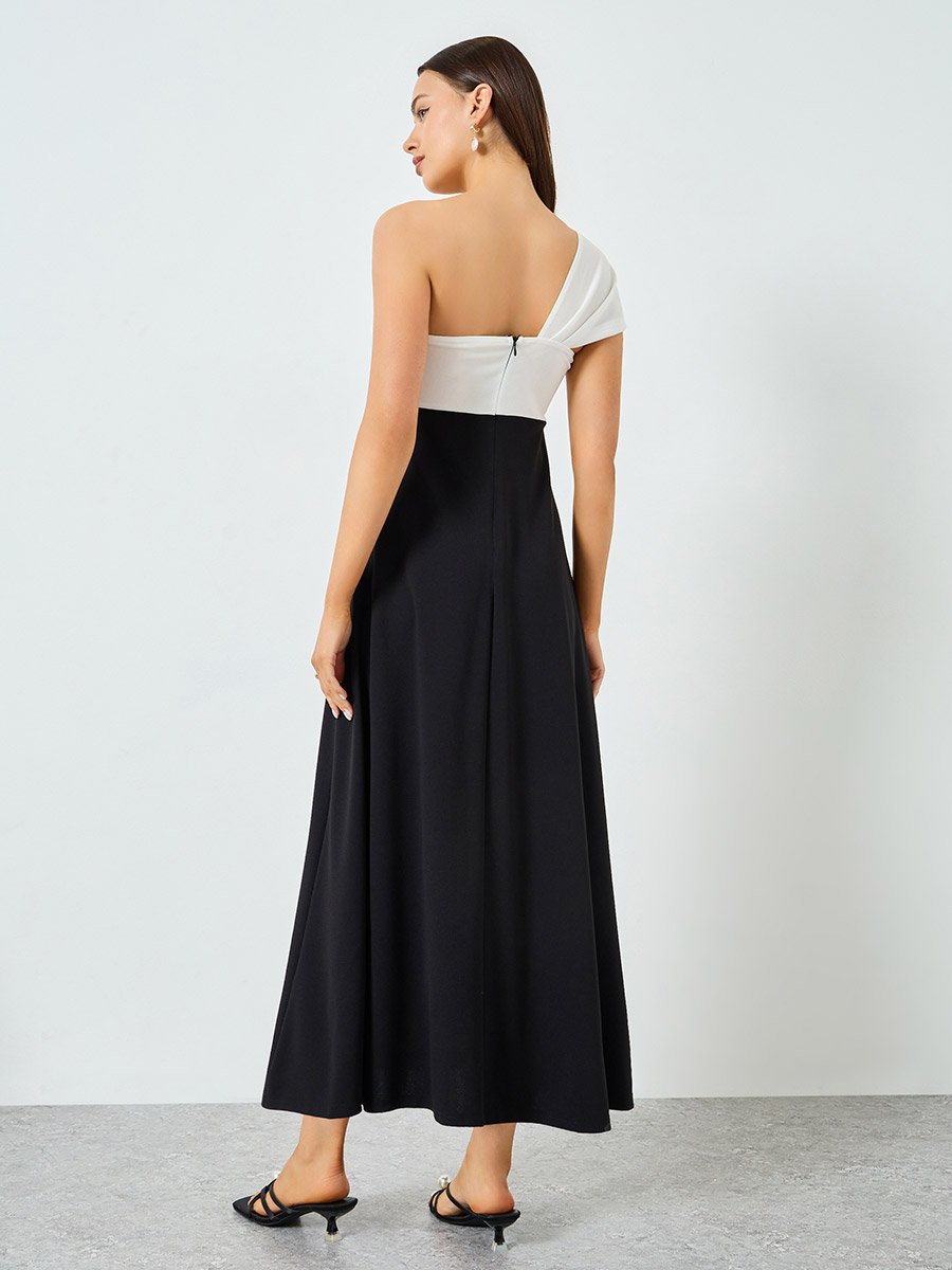 Black Color Block One Shoulder A-Line Maxi Dress For Women at Bahrain |  Styli