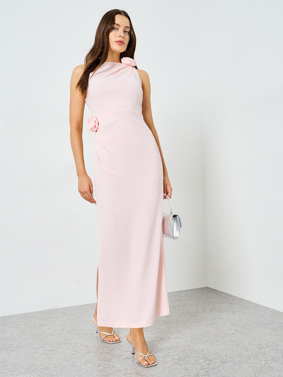 Pink Pleated Floral Detail Sleeveless Maxi Dress For Women at Bahrain |  Styli