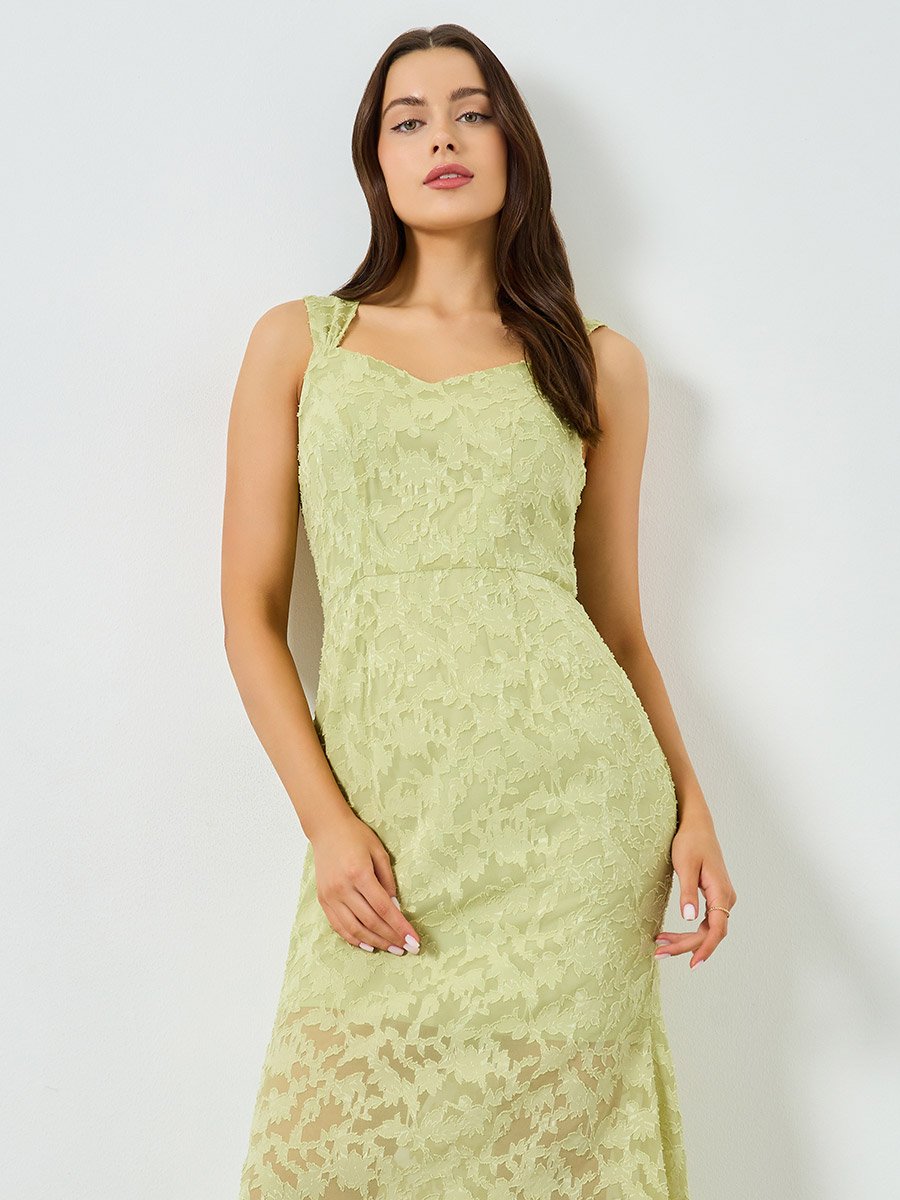 Green Textured Lace Strappy Midi Dress