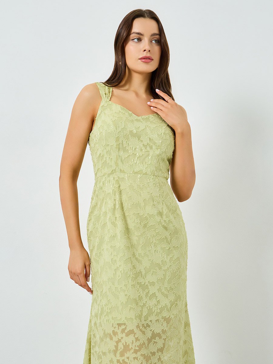 Green Textured Lace Strappy Midi Dress