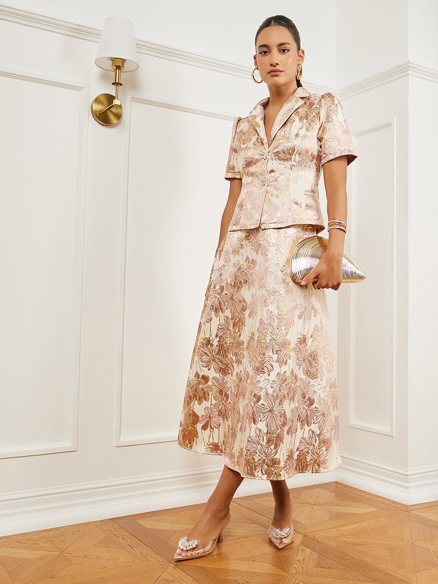Gold Floral Jacquard Lapel Collar Shirt