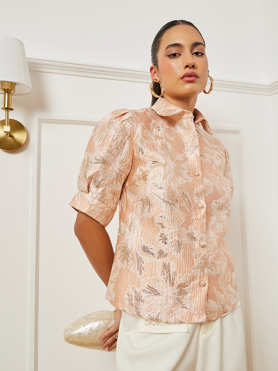 Pink Floral Jacquard Puff Sleeves Blouse