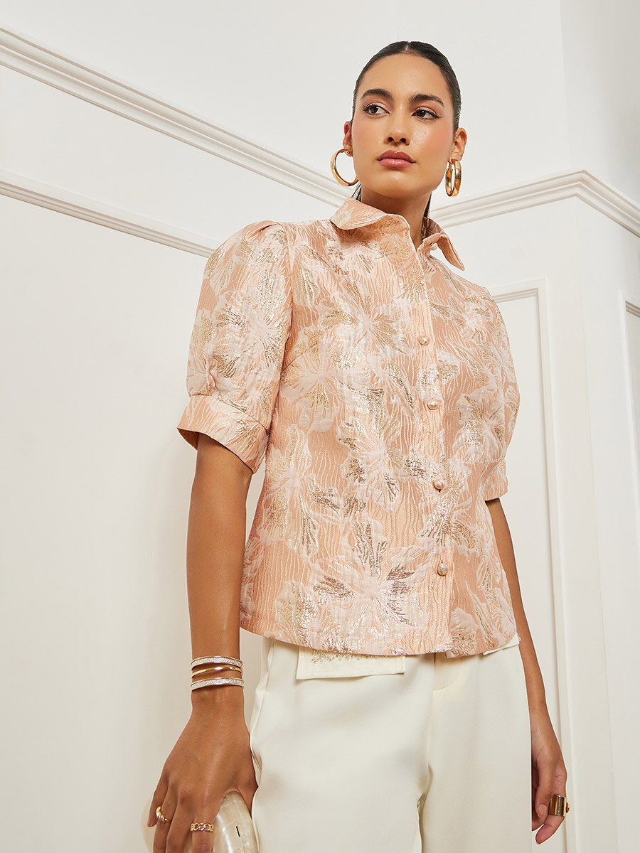 Pink Floral Jacquard Puff Sleeves Blouse