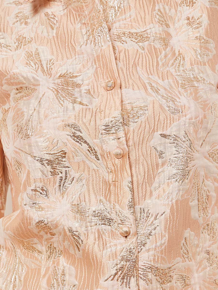 Pink Floral Jacquard Puff Sleeves Blouse