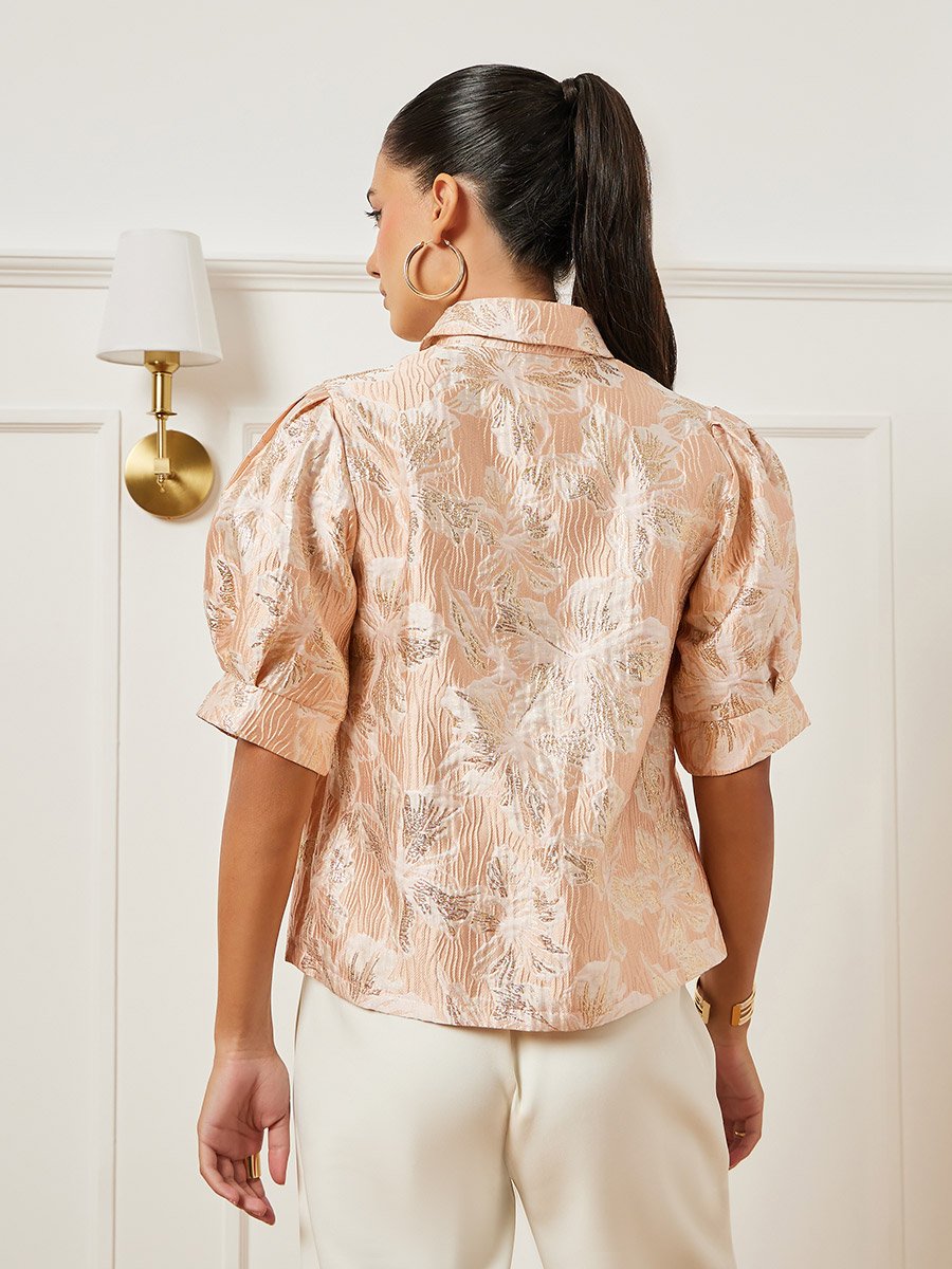Pink Floral Jacquard Puff Sleeves Blouse