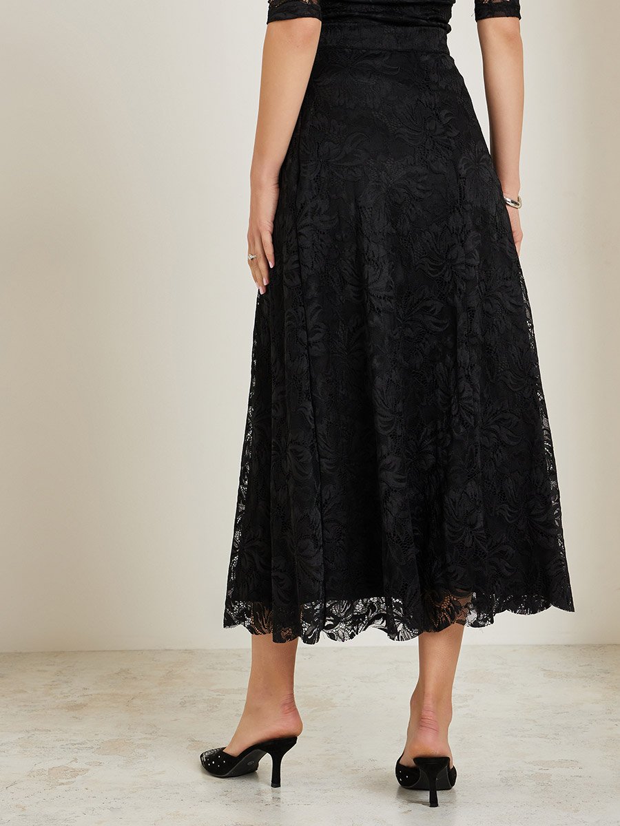 Black Lace Overlay A-Line Midi Skirt For Women at Kuwait | Styli Black Lace Overlay A-Line Midi Skirt For Women at Kuwait | Styli