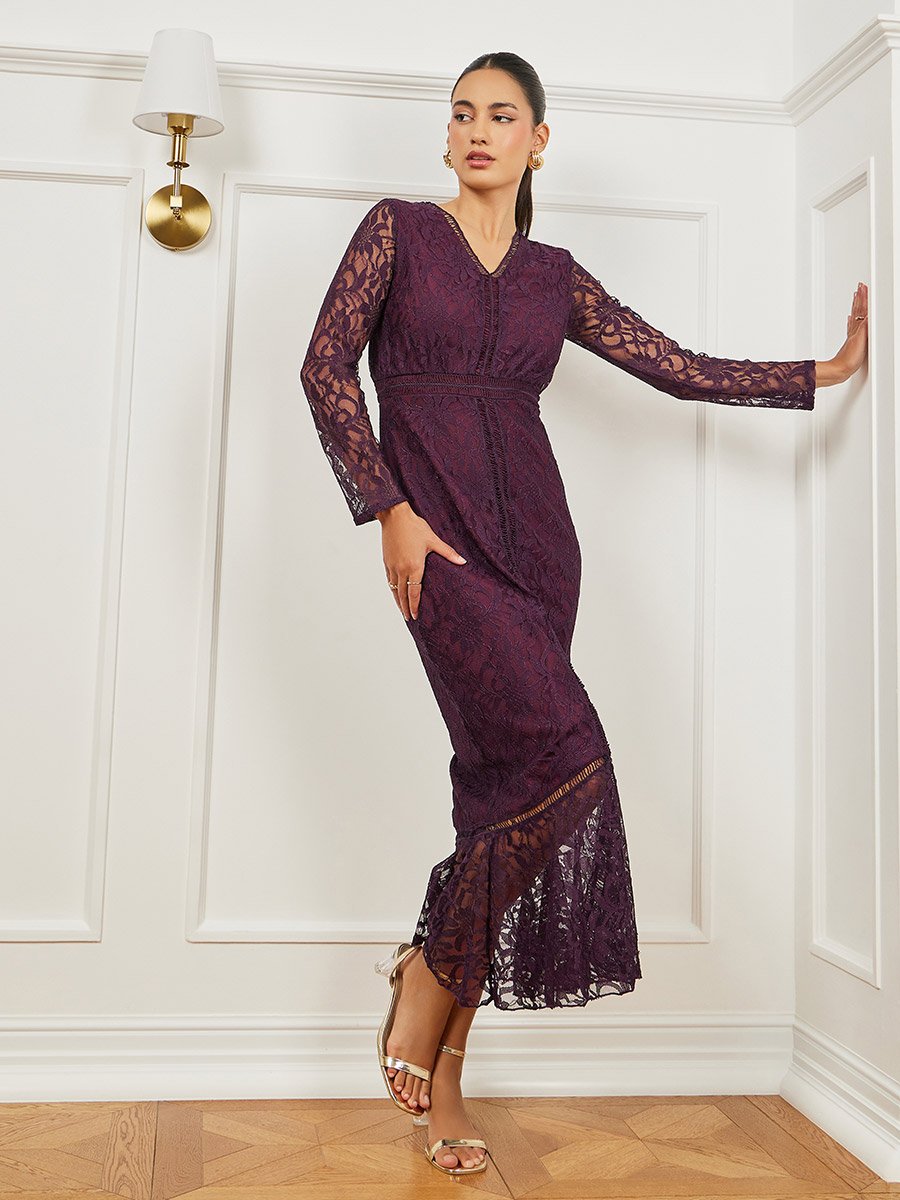 Burgundy Lace Ruffled Hem Maxi Dress For Women at UAE | Styli