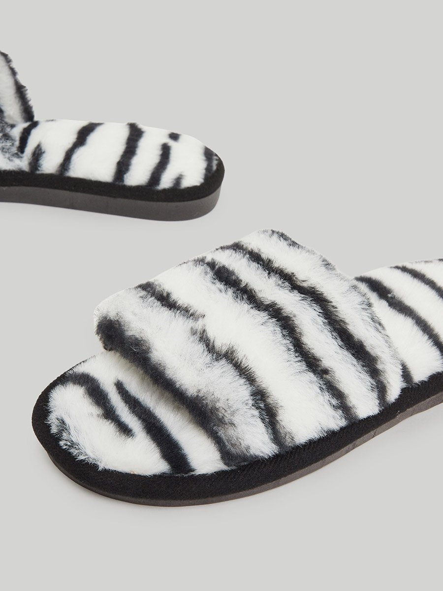 Zebra Print Fuzzy Bedroom Slippers