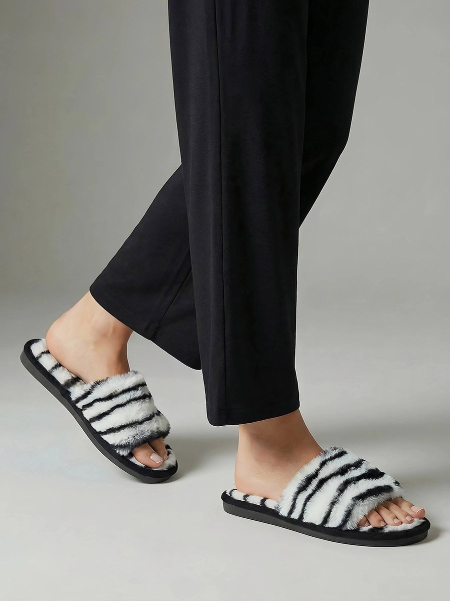 Zebra Print Fuzzy Bedroom Slippers