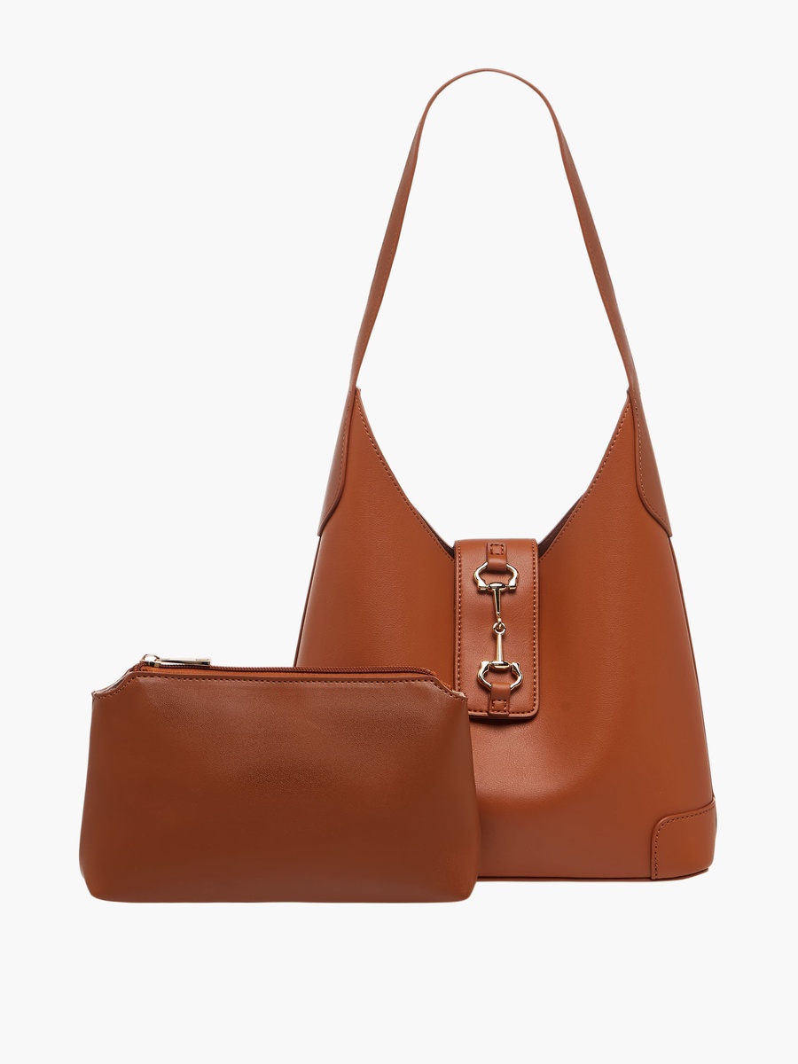 Monotone Hobo Bag with Handle and Pouch