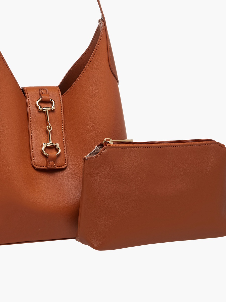 Monotone Hobo Bag with Handle and Pouch