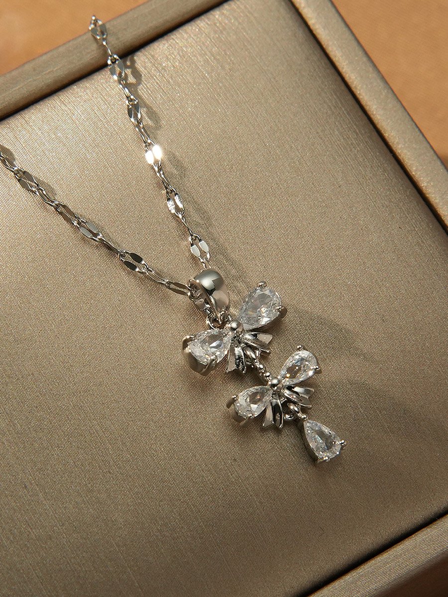 Embellished Bow Drop Pendant Necklace
