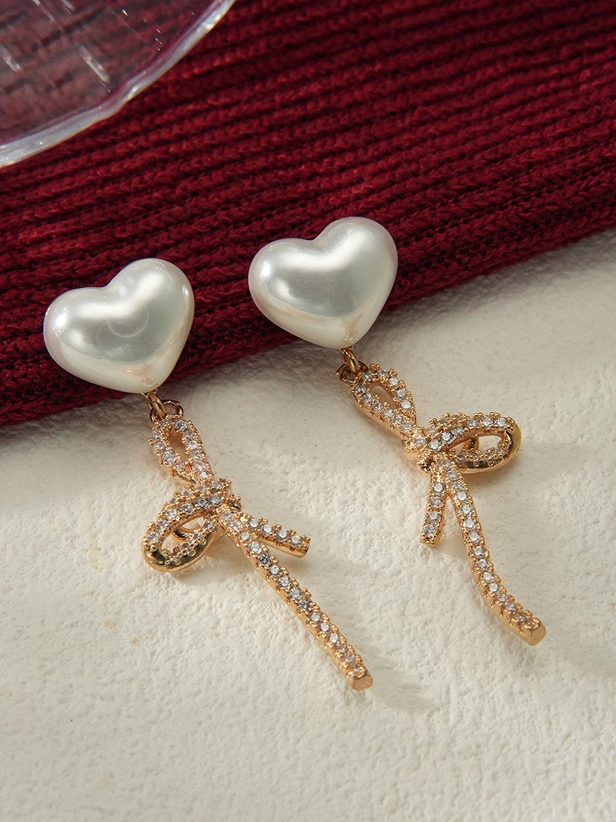 Heart Shape Faux Pearl Embellished Knot Earrings