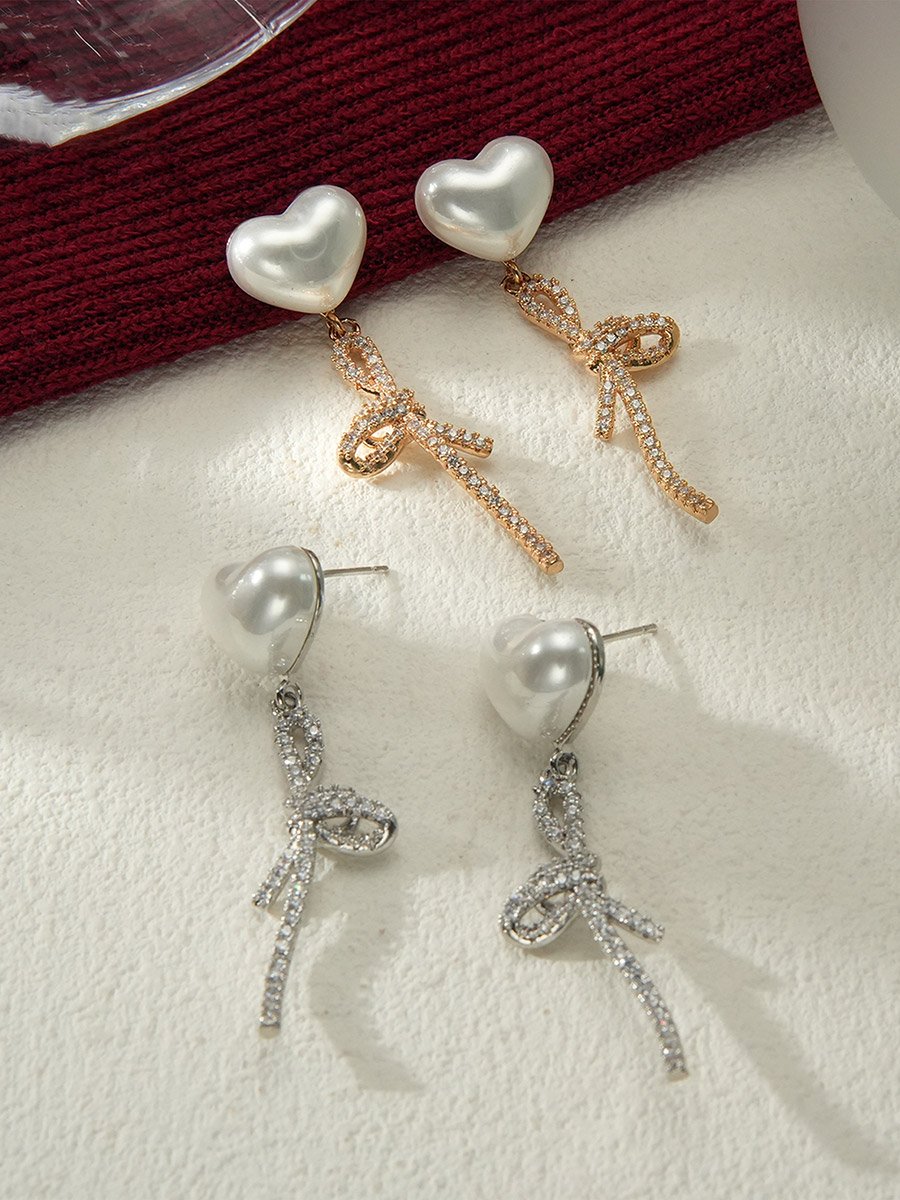 Heart Shape Faux Pearl Embellished Knot Earrings