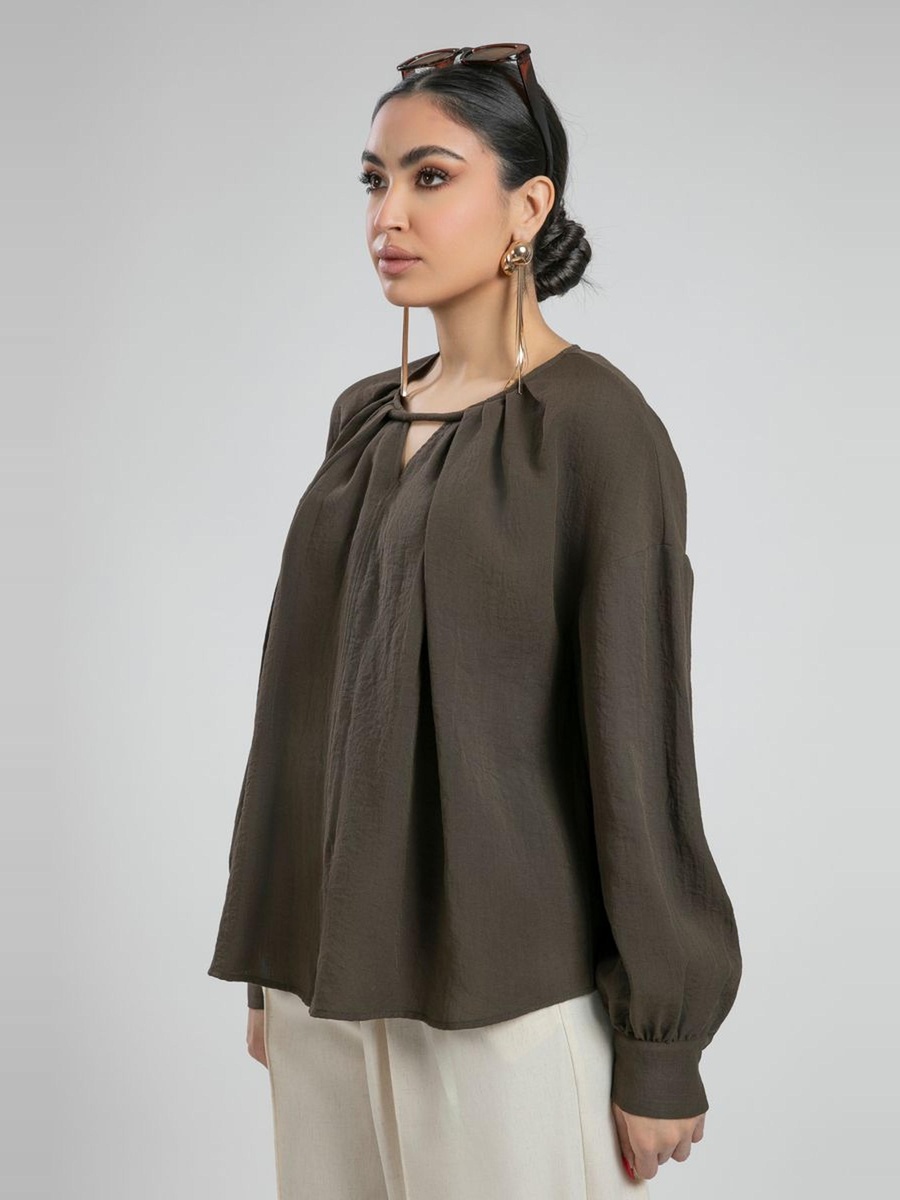 Blouse with Pleats and Keyhole Neckline