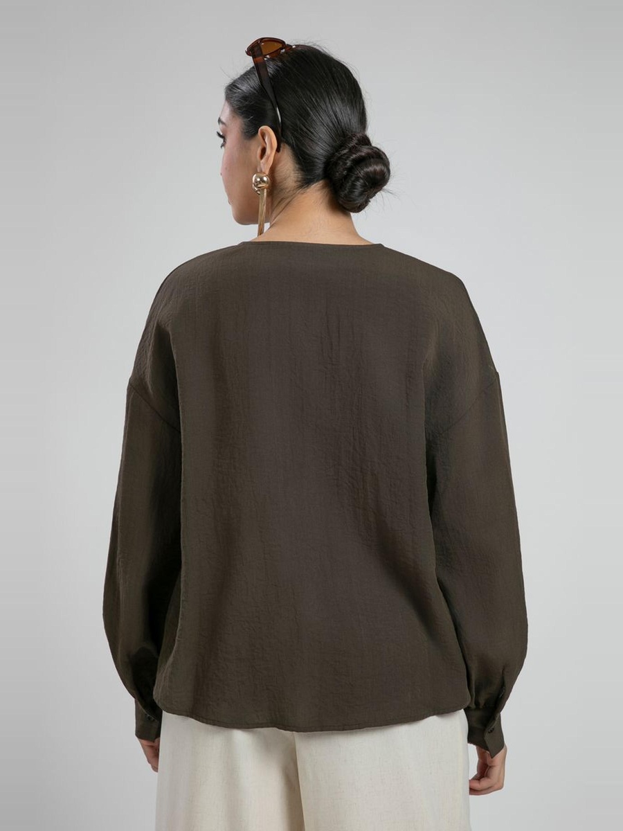 Blouse with Pleats and Keyhole Neckline