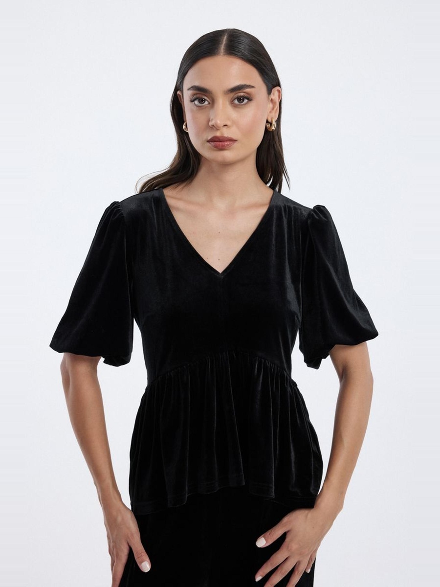Velvet Peplum Blouse with Puff Sleeves