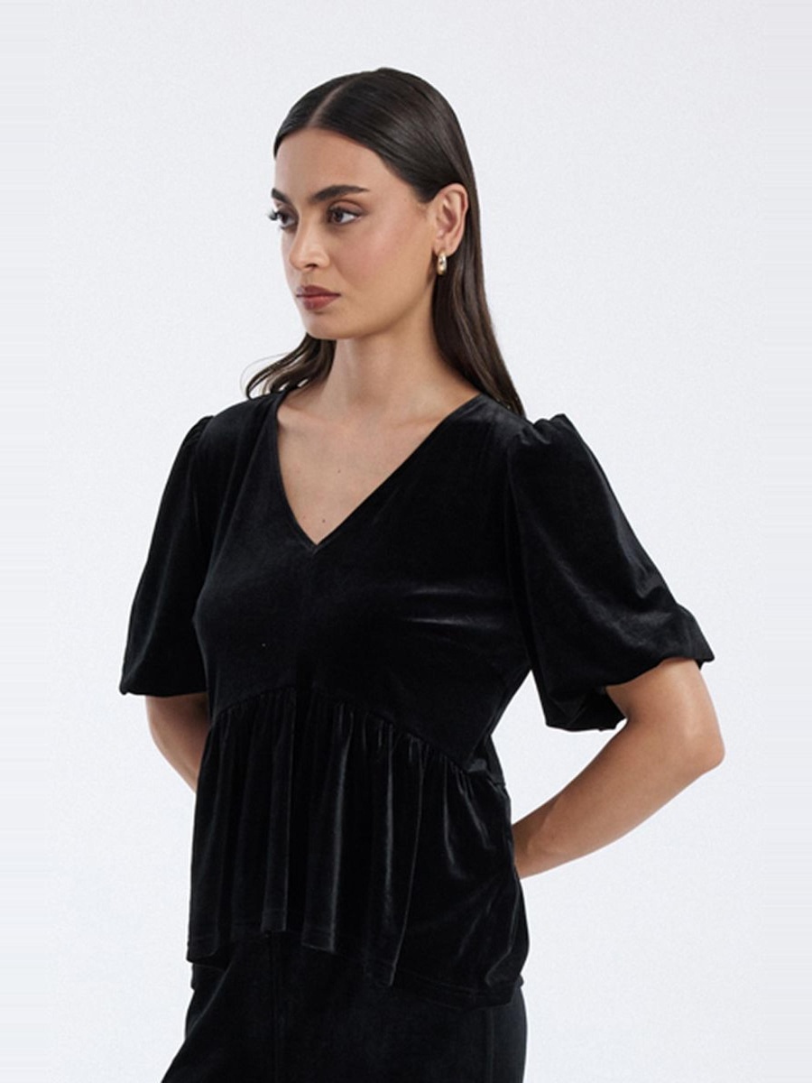 Velvet Peplum Blouse with Puff Sleeves
