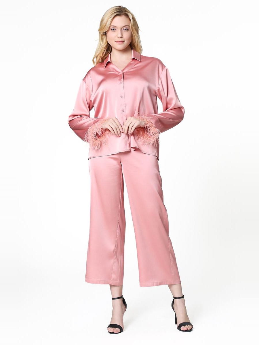 Satin Shirt with Faux Feathers