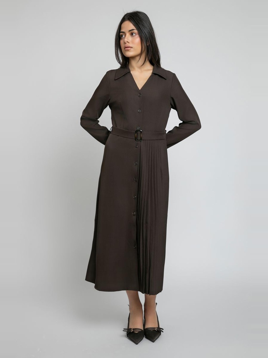 Pleated Detail Belted Dress