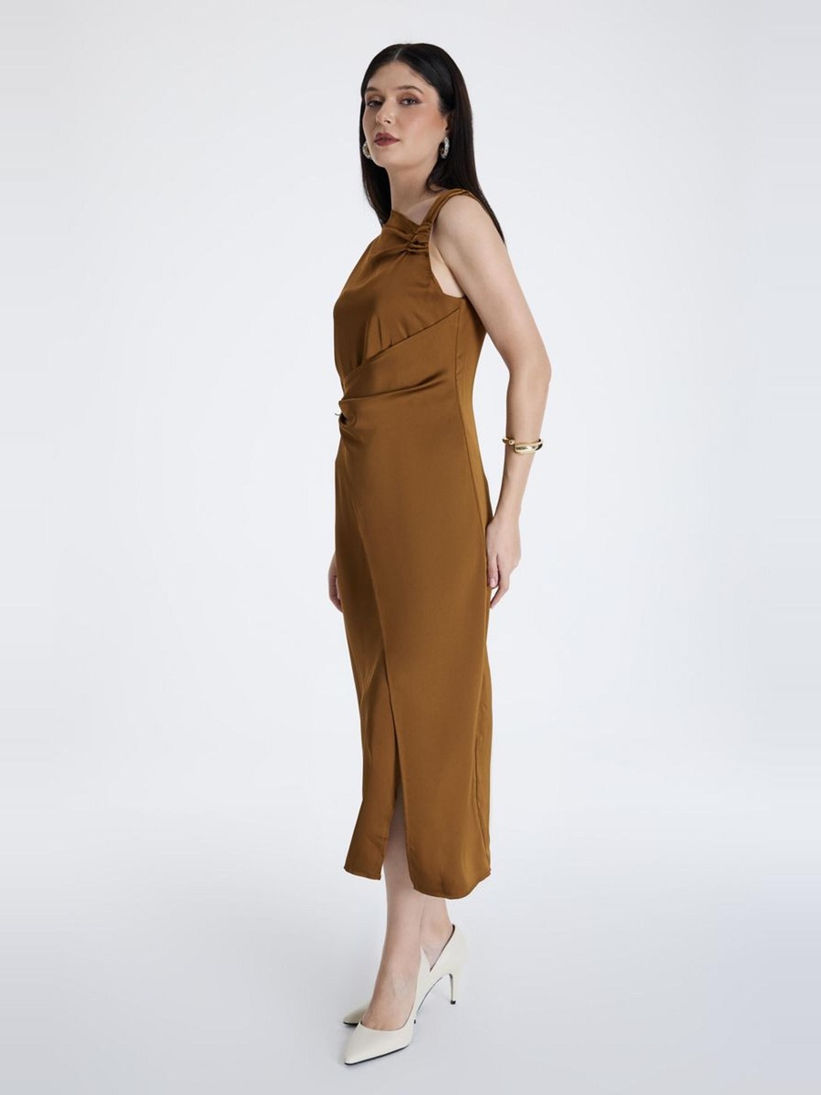 Asymmetrical Satin Dress with Knot