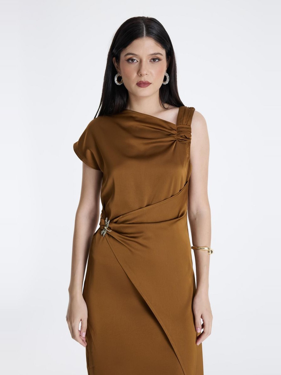 Asymmetrical Satin Dress with Knot