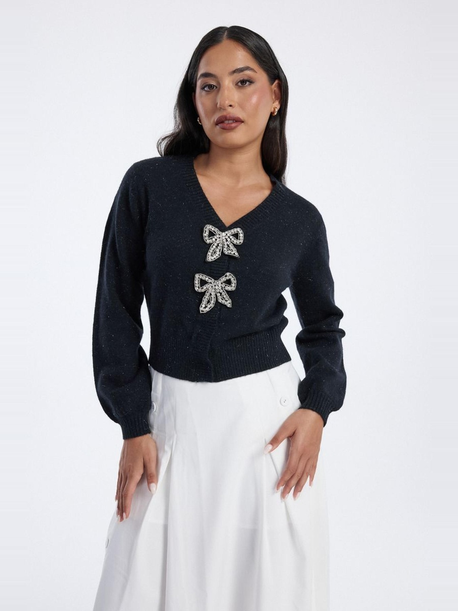Knitted Cardigan with Rhinestone Bow