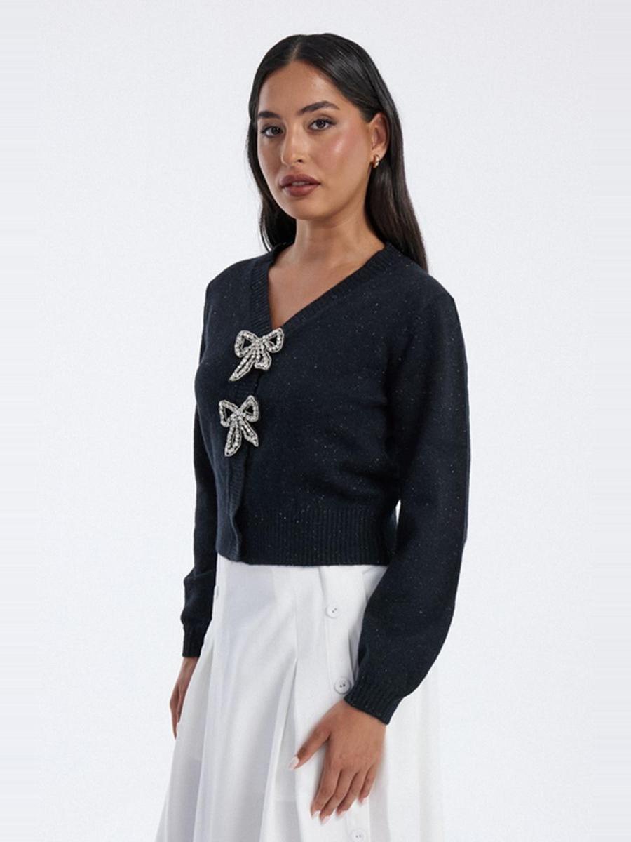 Knitted Cardigan with Rhinestone Bow