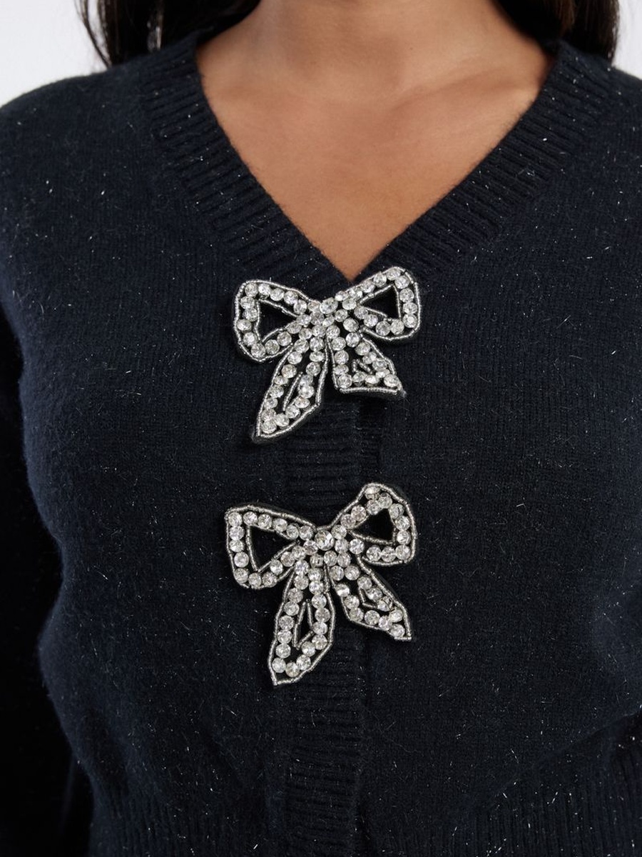 Knitted Cardigan with Rhinestone Bow