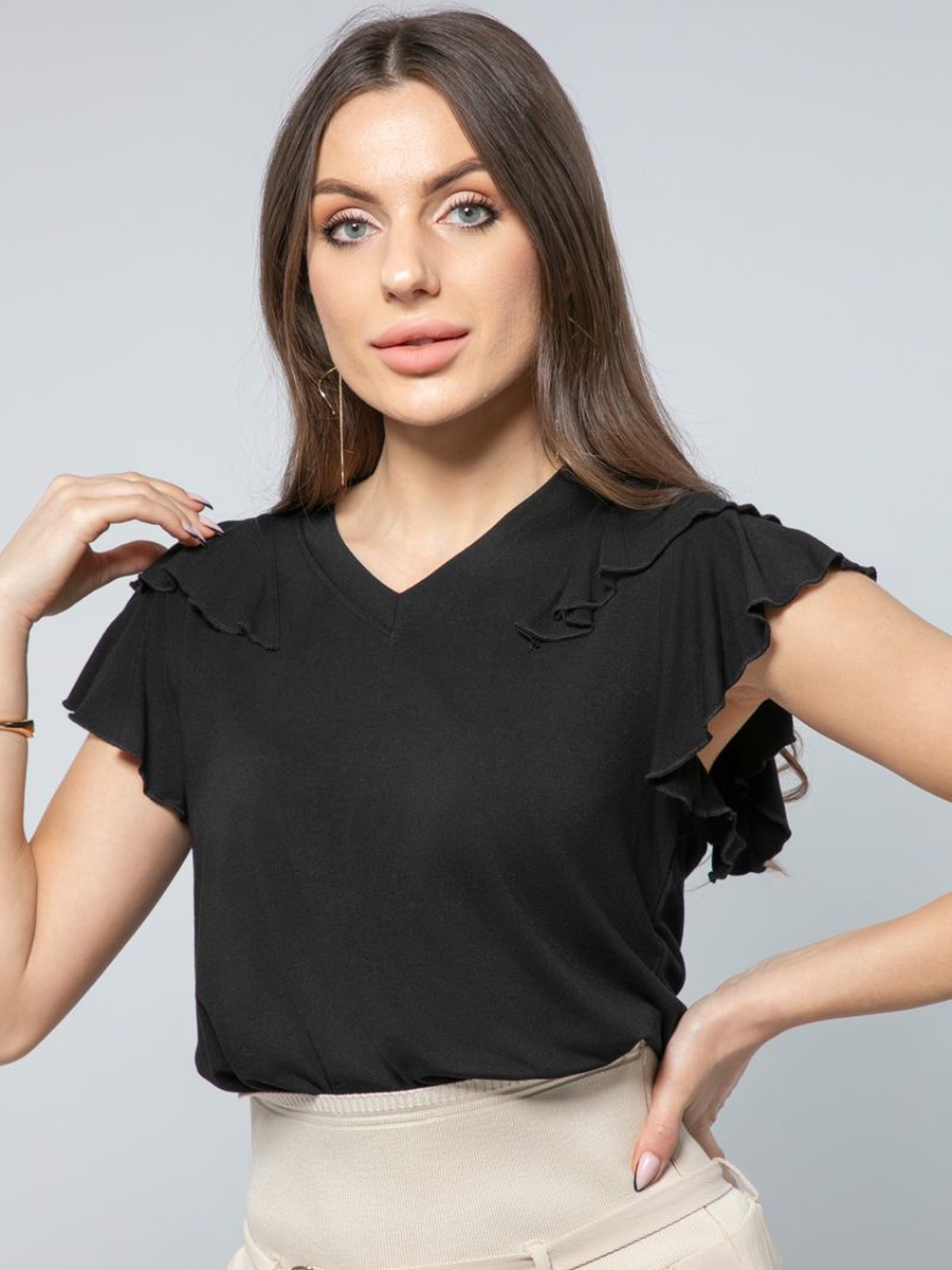 Solid Short Sleeves Top with Ruffled Detail