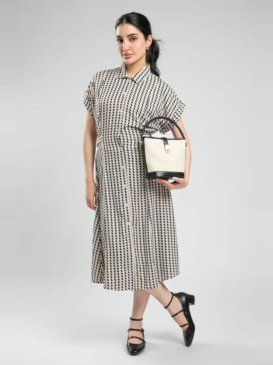Printed Short Sleeve Midi Shirt Dress