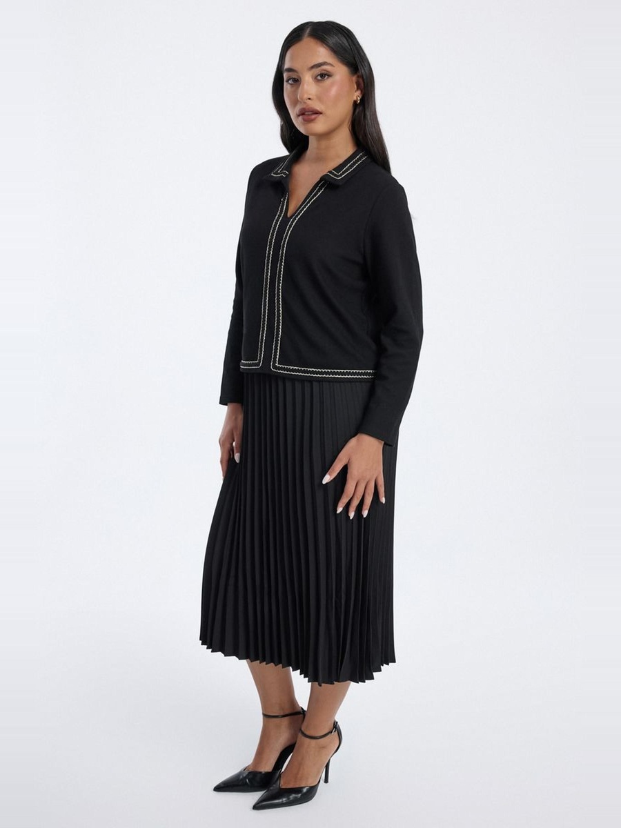 Pleated Midi Dress with Contrast Trim