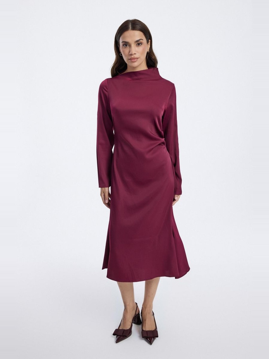 burgundy long sleeve midi dress Satin Dress Long Sleeve Satin Midi Dress For Default Category At Saudi Styli wedding guests Formal evenings inv-100 Bridesmaid Dresses Collection | Size:44x32
