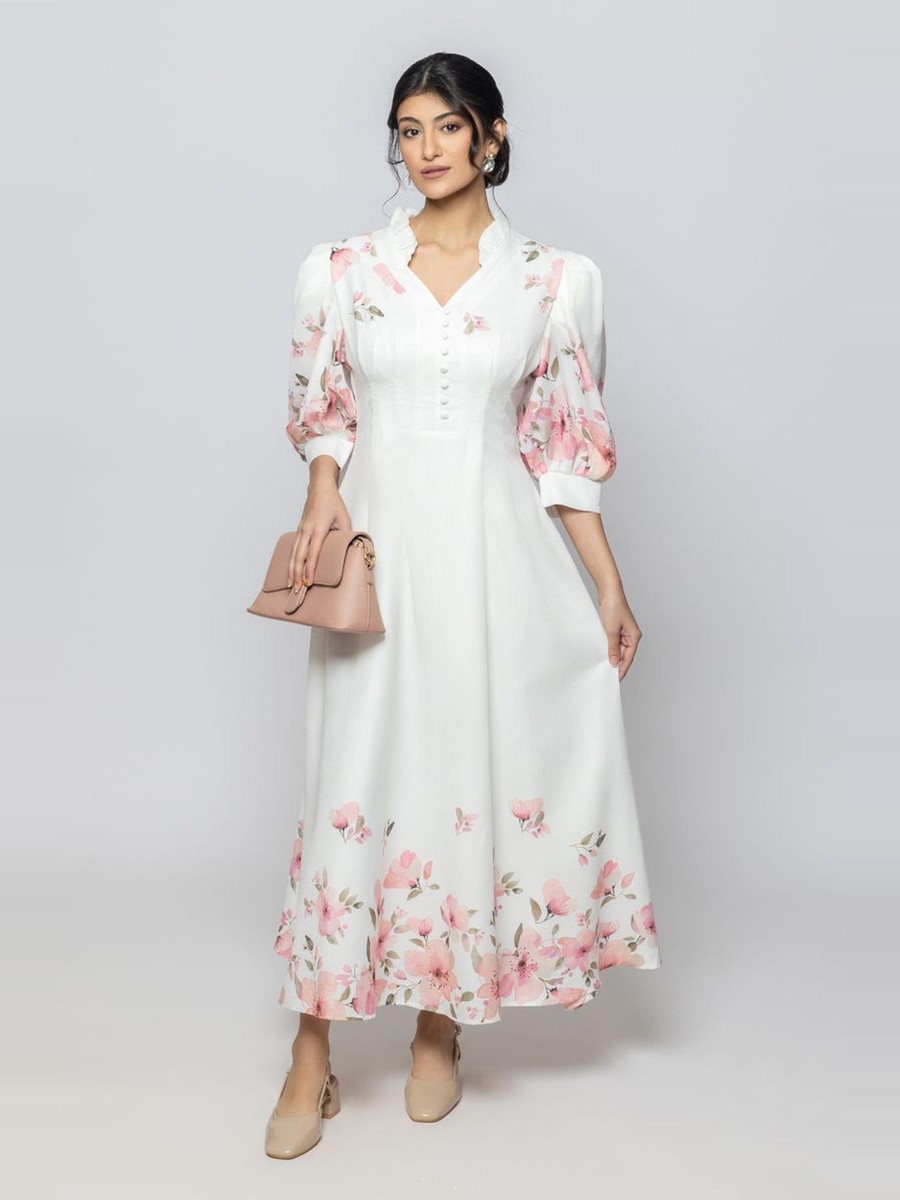 Three Quarter Sleeves Maxi Dress with Floral Print