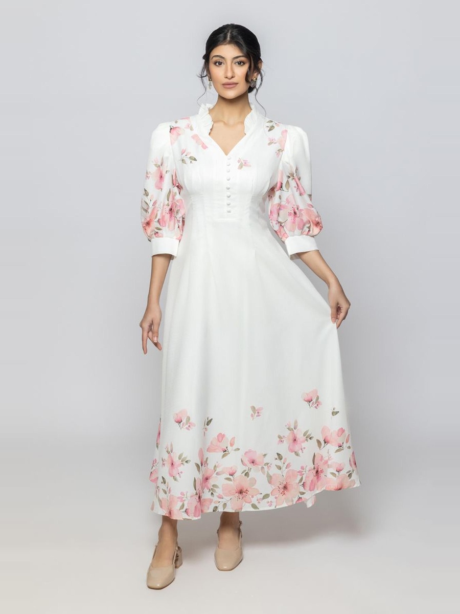 Three Quarter Sleeves Maxi Dress with Floral Print