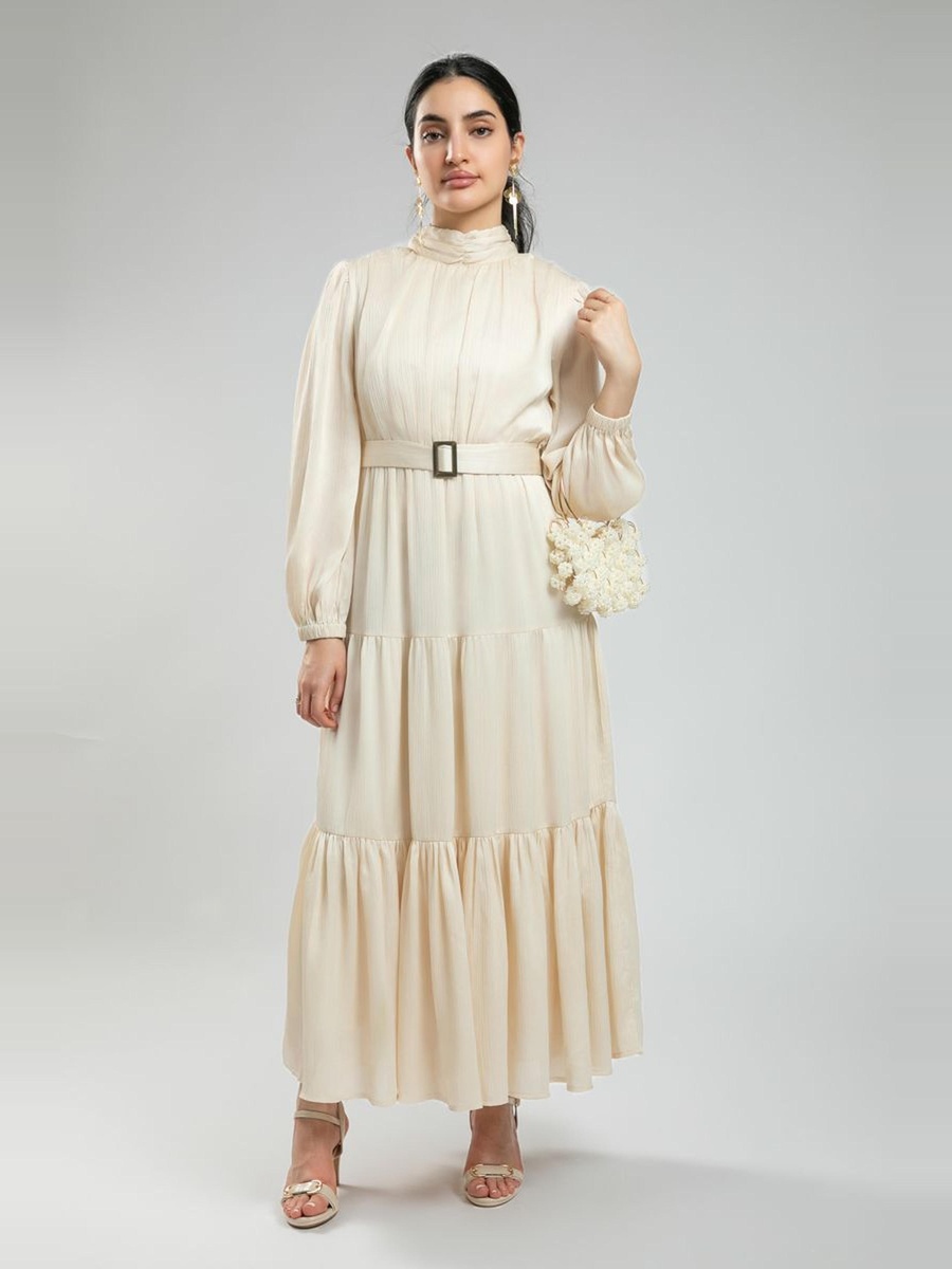 Printed Long Sleeve Layered Maxi Dress with Waist Belt
