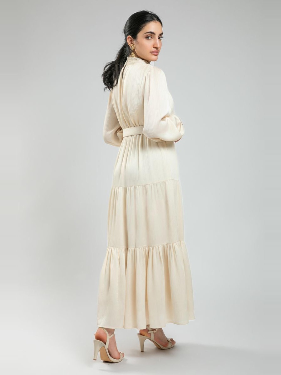 Printed Long Sleeve Layered Maxi Dress with Waist Belt