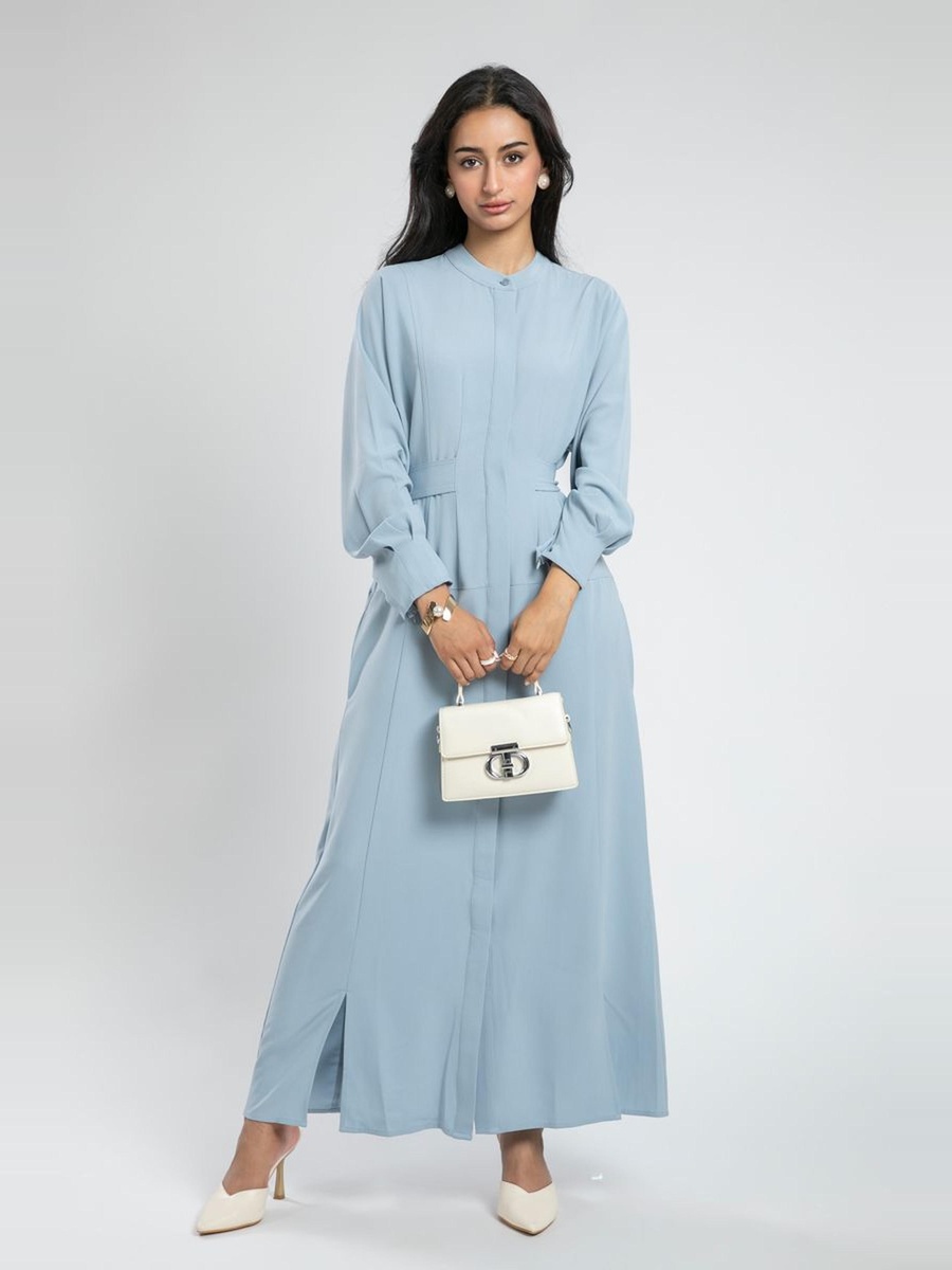 Belted Maxi Dress with Mandarin Collar