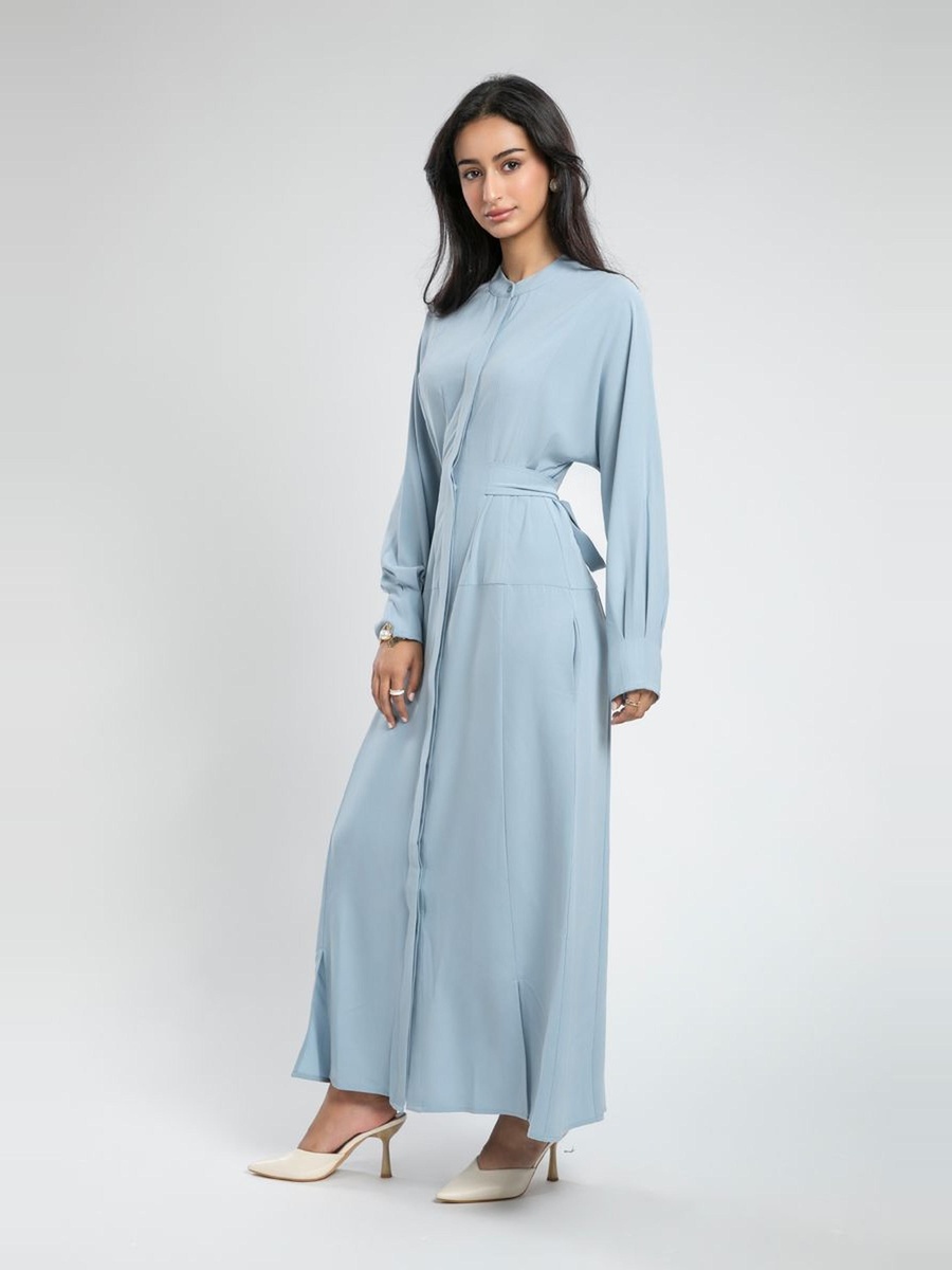 Belted Maxi Dress with Mandarin Collar