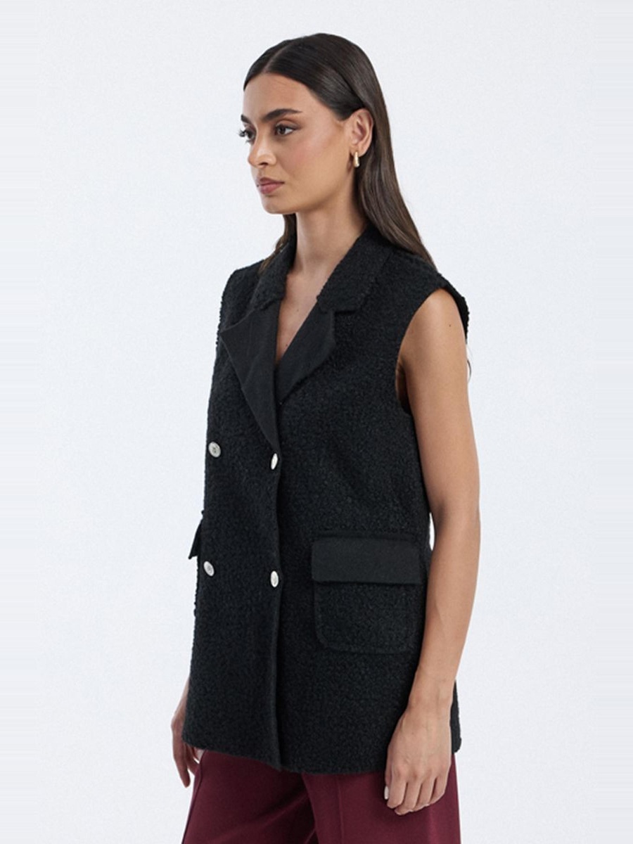 Textured Sleeveless Blazer with Front Pockets