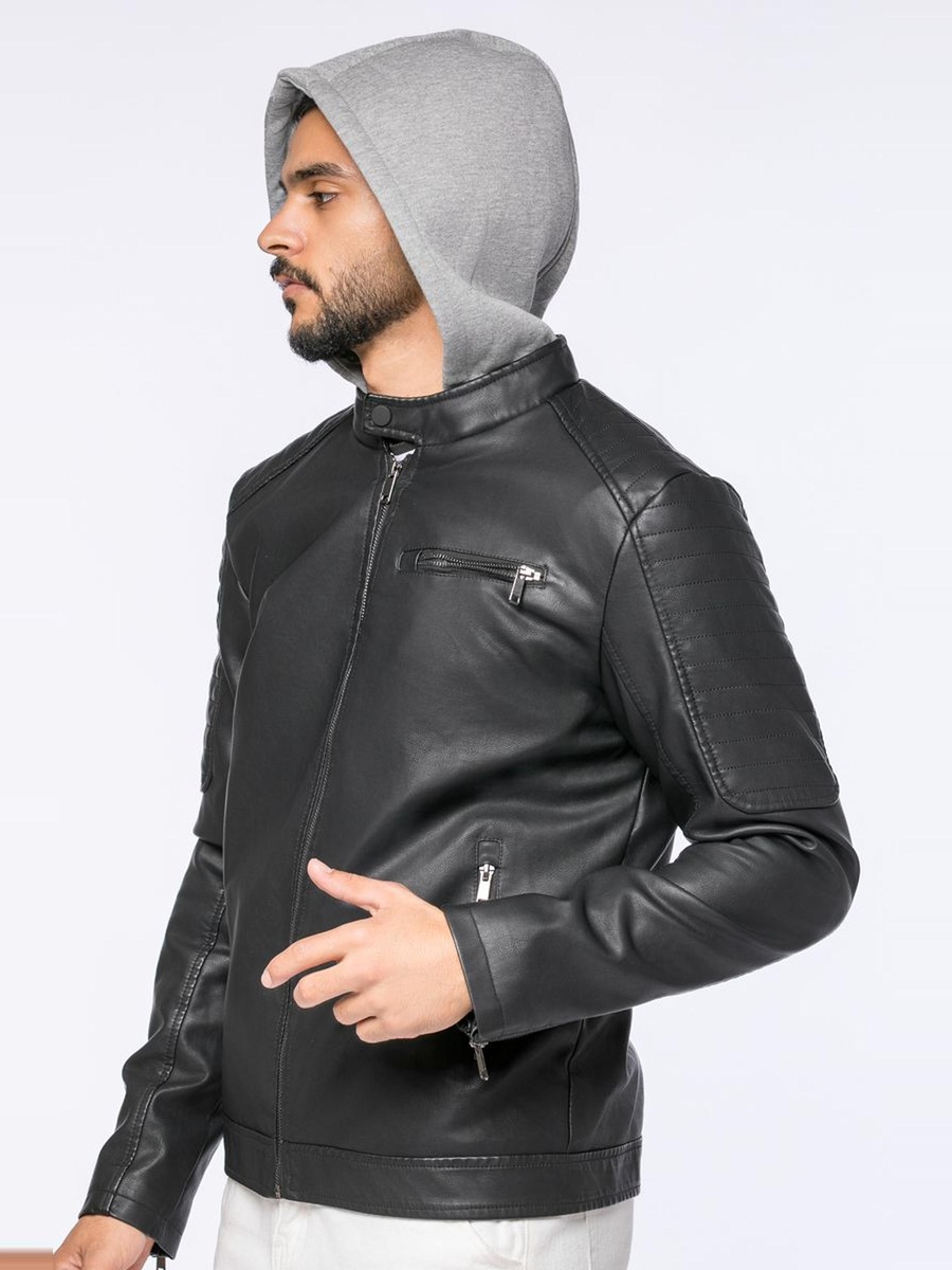 Faux Leather Jacket with Hoodie