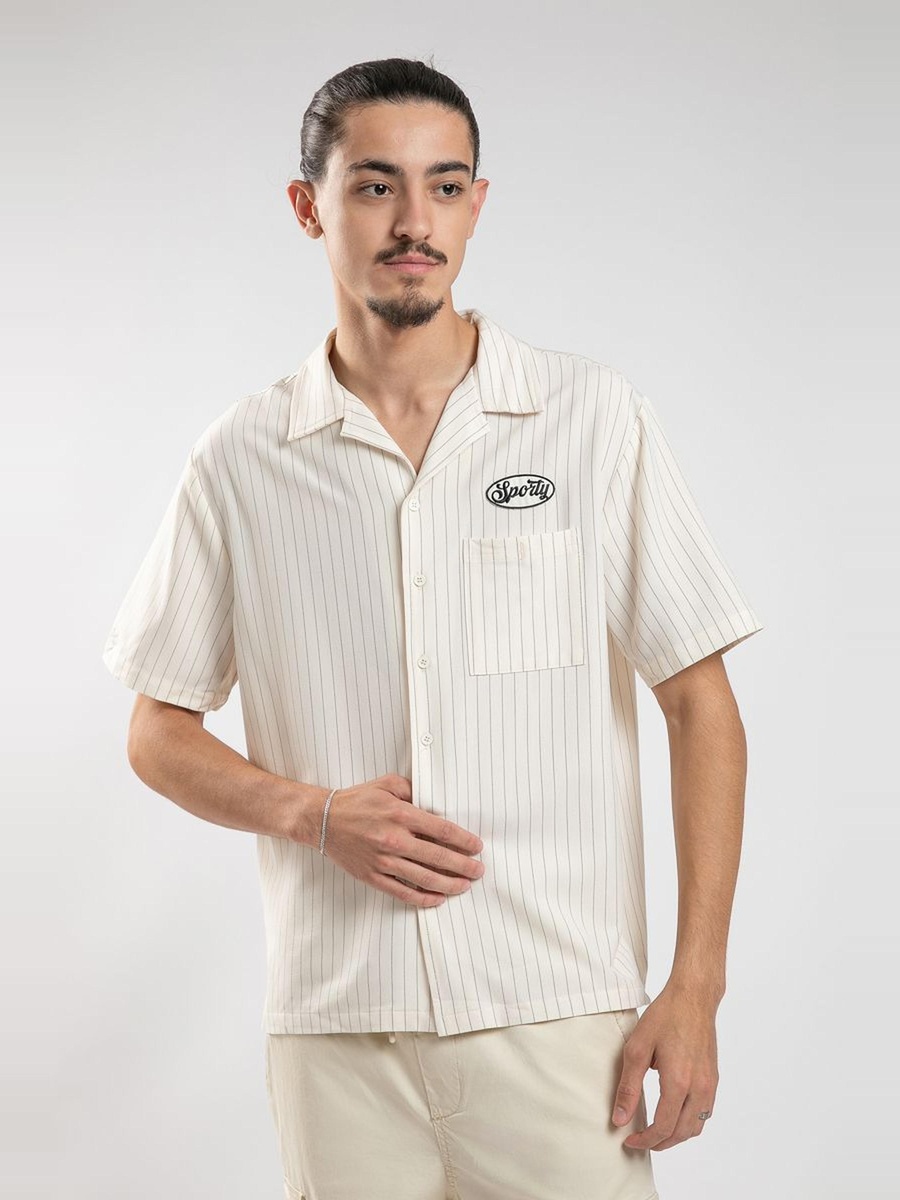 Varsity-Style Striped Short Sleeve Shirt with Embroidered Patch