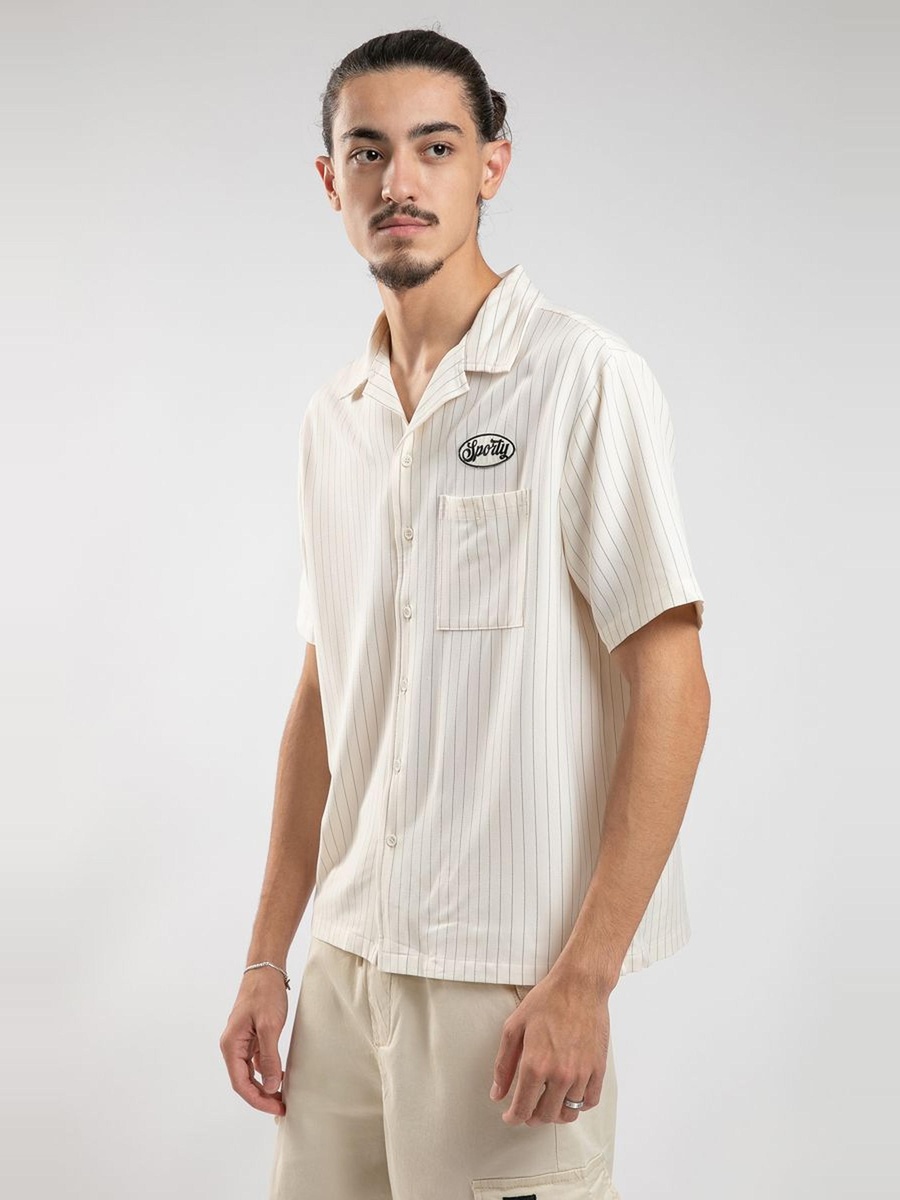 Varsity-Style Striped Short Sleeve Shirt with Embroidered Patch