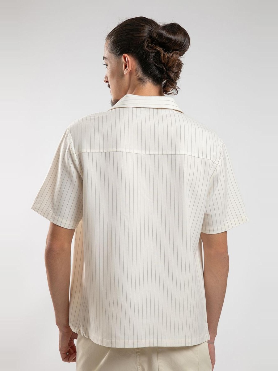 Varsity-Style Striped Short Sleeve Shirt with Embroidered Patch