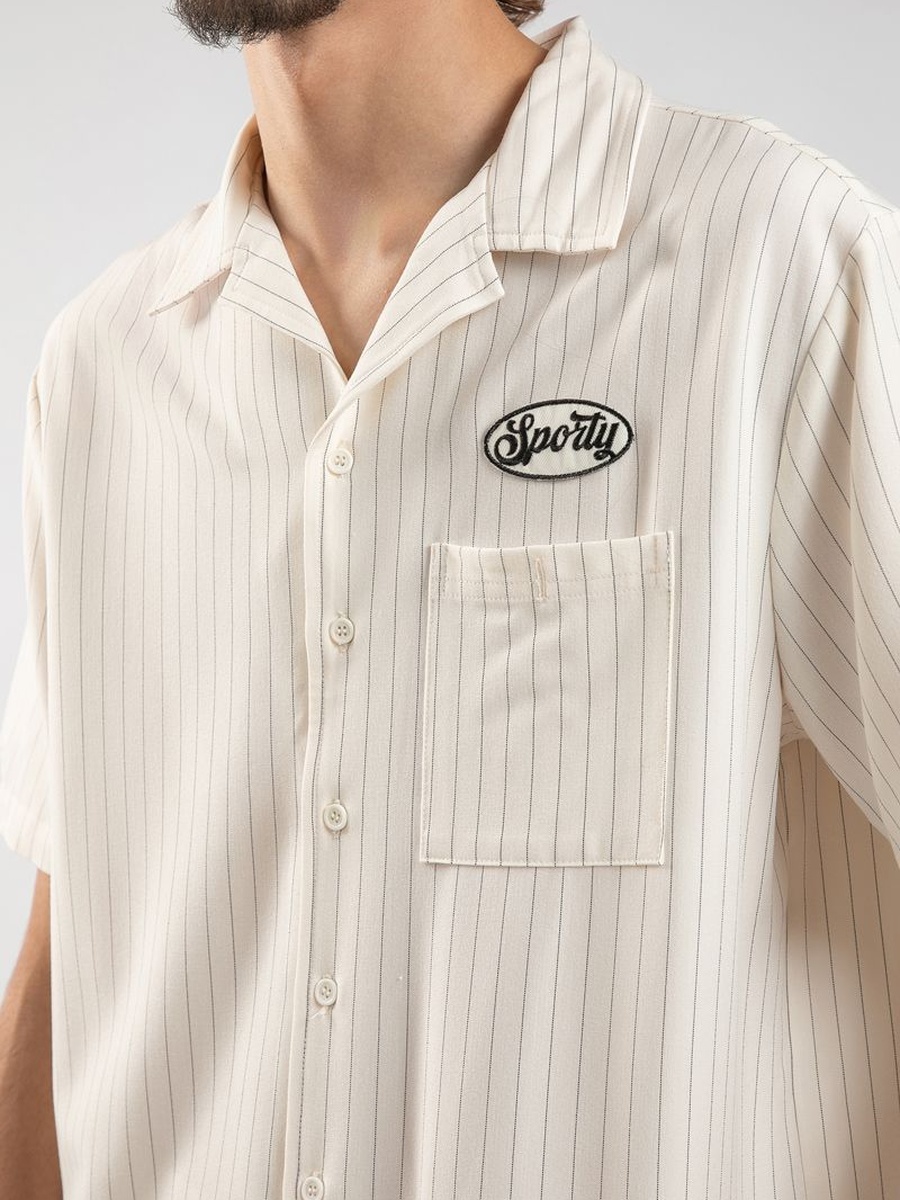 Varsity-Style Striped Short Sleeve Shirt with Embroidered Patch