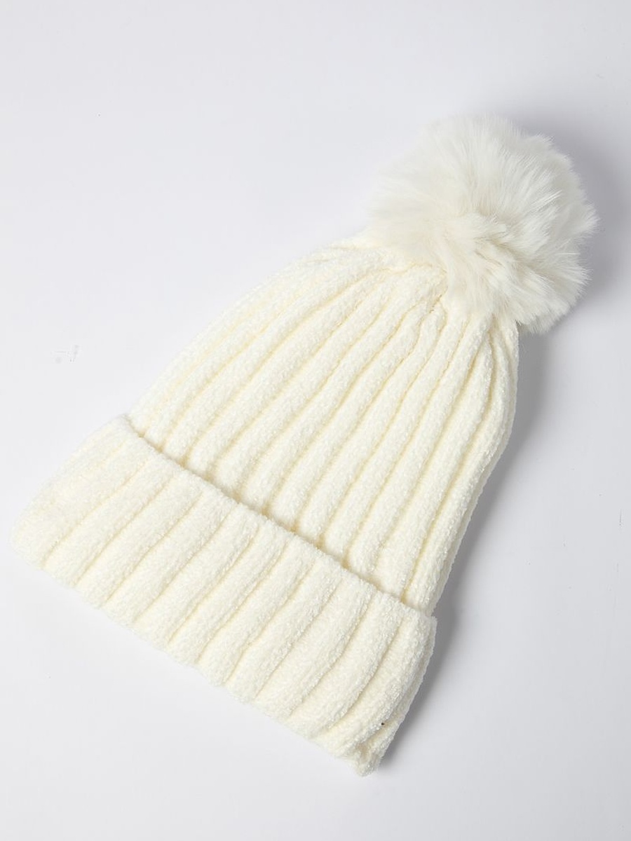 Knitted Beanie with Faux Fur Pom Pom
